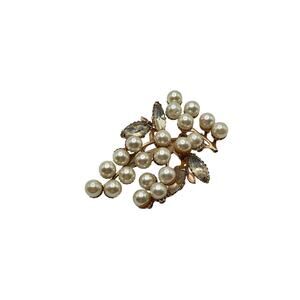 Vintage Faux Pearl Rhinestone Berry Branch Brooch Gold Tone Pin